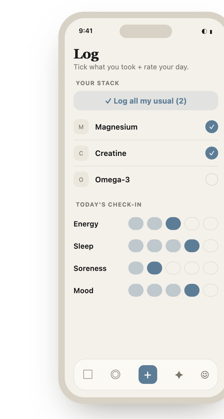 Supplova daily check-in — tick what you took and rate energy, sleep, soreness and mood on a 1 to 5 pill scale.